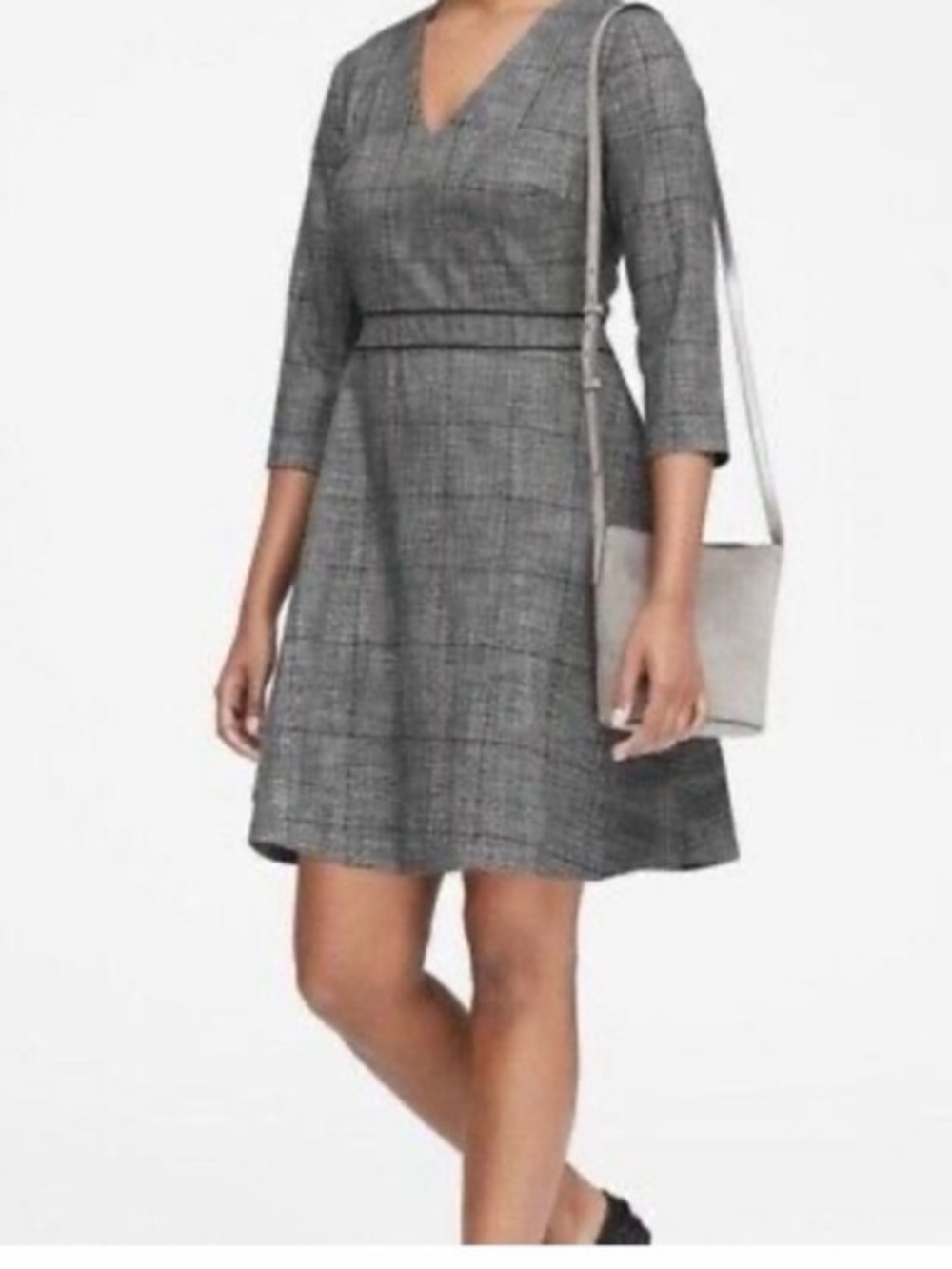 Banana Republic Gray Plaid V-Neck Fit-and-Flare Dress